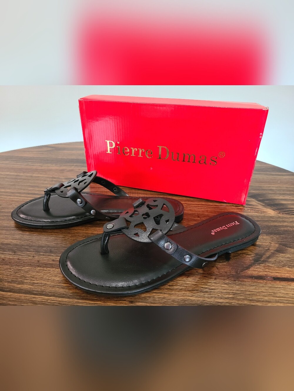 Pierre Dumas Black Leather Logo Thong Sandals